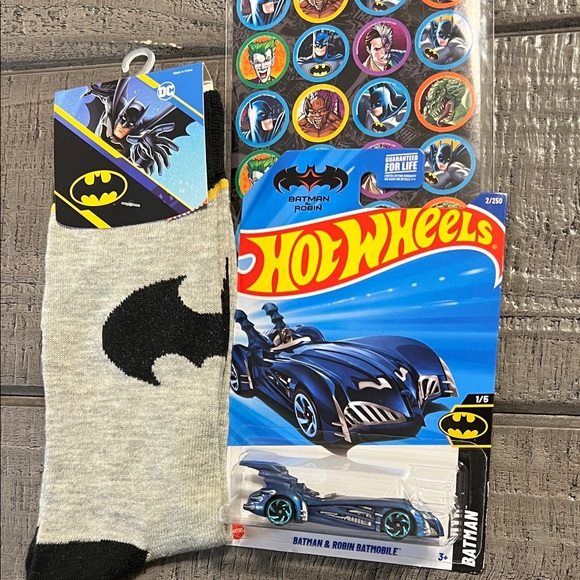 DC Batman Socks Adult or youth size 10-13 ,Hot Wheels Batmobile & Batman Sticker - Picture 1 of 6
